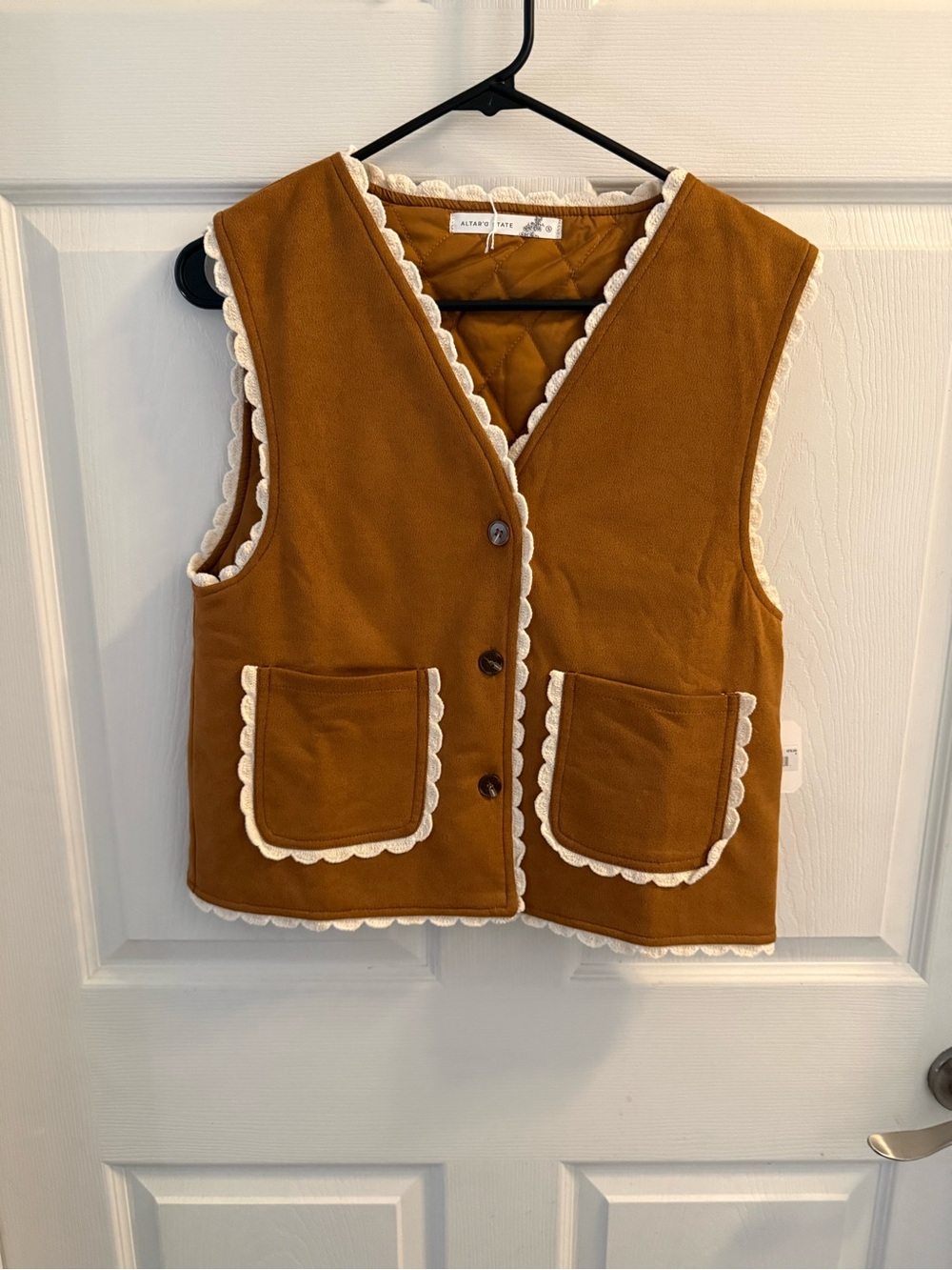 Altar'd State Girls' Brown Quilted Vest with Cream Scallop Trim
